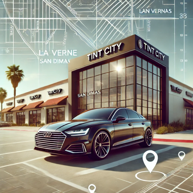 Tinted car parked in front of Tint City San Dimas location with a sunny Southern California background and a subtle map showing proximity to La Verne.