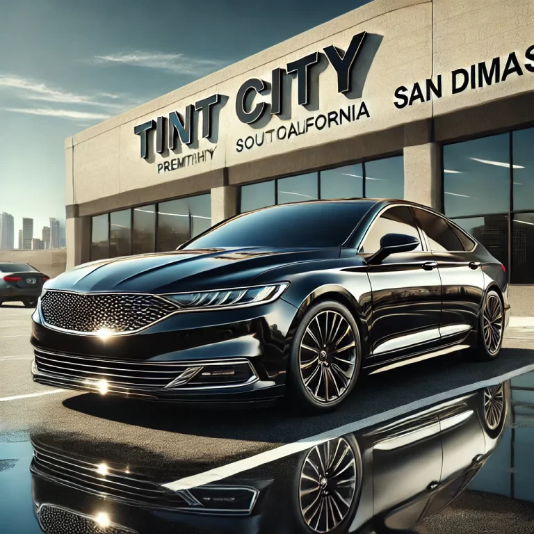 A sleek, dark-colored sedan with a high-gloss ceramic coating parked in front of Tint City in San Dimas, showcasing the premium protection and deep shine provided by the ceramic coating