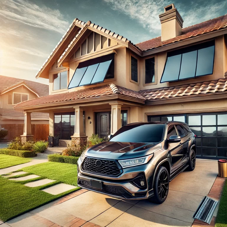 Suburban home with professionally tinted windows and a sleek car with paint protection film, showcasing Tint City Rancho Cucamonga’s residential window tinting and automotive protection services.