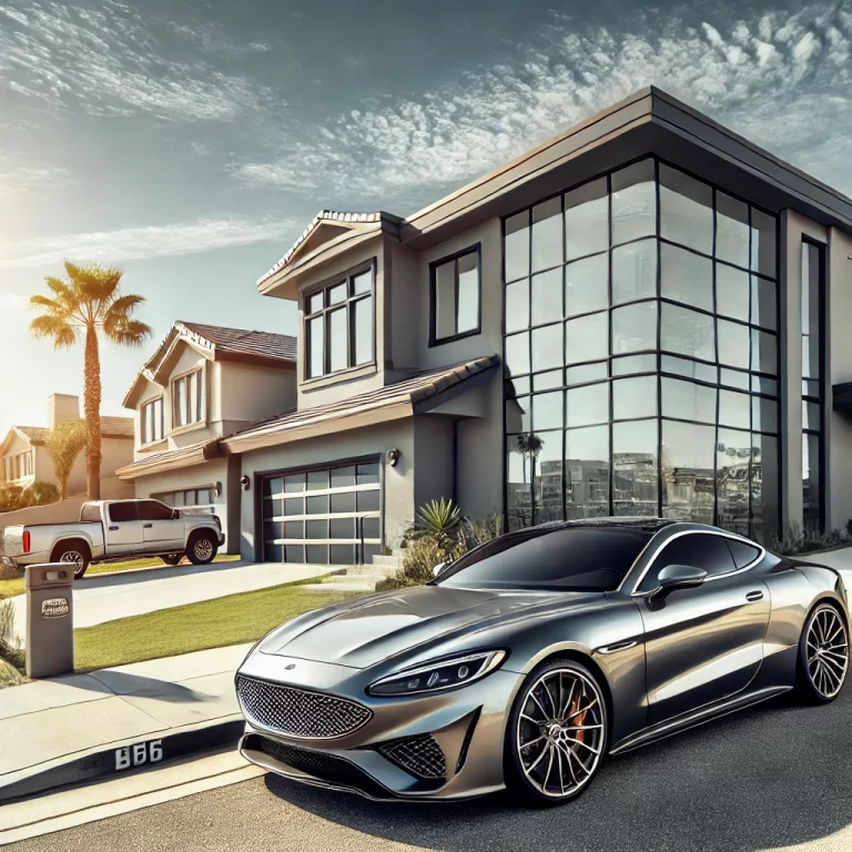 Sleek car with a high-gloss finish parked in front of a modern residential home with tinted windows, representing the automotive and residential services offered by Tint City in Corona.