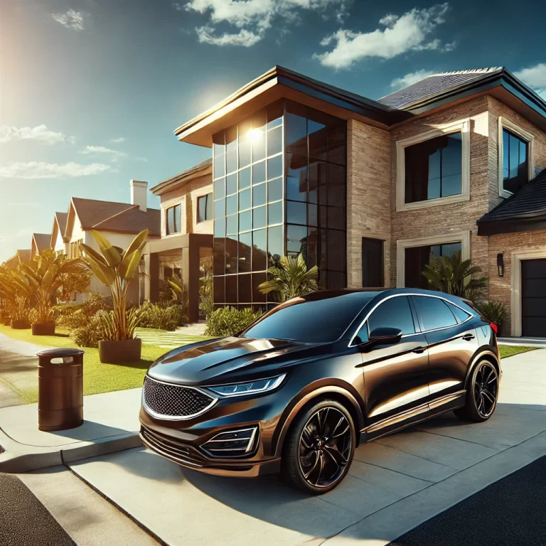 Sleek vehicle with a glossy finish parked in front of a stylish residential home with tinted windows, showcasing the automotive and residential services offered by Tint City in Loma Linda.