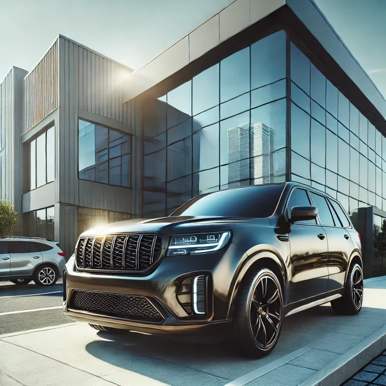 Sleek, dark-colored vehicle with a glossy finish parked in front of a modern office building with tinted windows, showcasing the automotive and commercial services offered by Tint City in San Dimas.