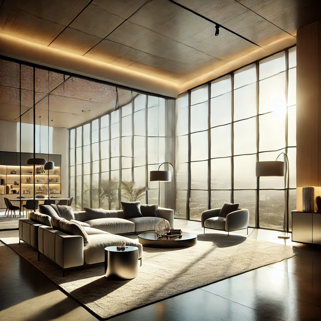 An interior view of a modern living room in Rancho Cucamonga, California, showing a large floor to ceiling window with high quality tinted glass. The