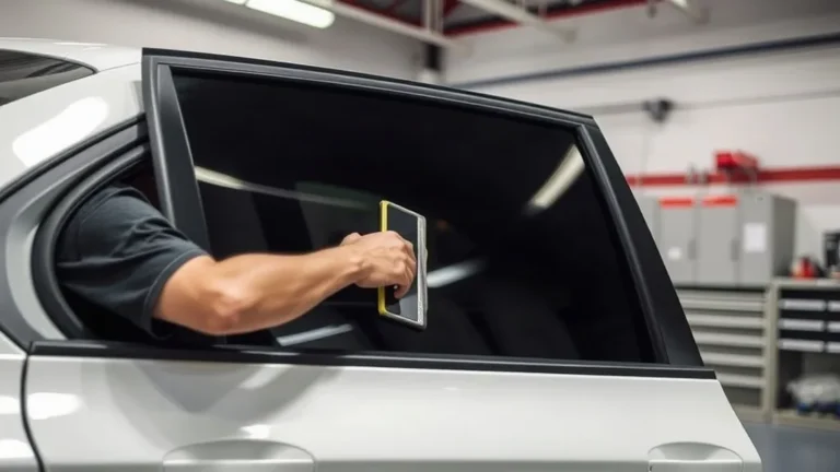 Automotive window tinting technician applying ceramic window film to a car door window inside a Rancho Cucamonga tint installation bay