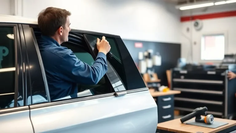 Professional automotive window tinting technician applying ceramic film to a car side window inside a certified auto tinting shop in Rancho Cucamonga, California