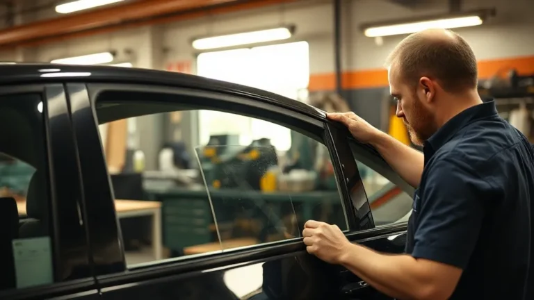 Window tinting technician applying transparent film to a car front door window inside a professional automotive tint shop — California VLT compliance in practice