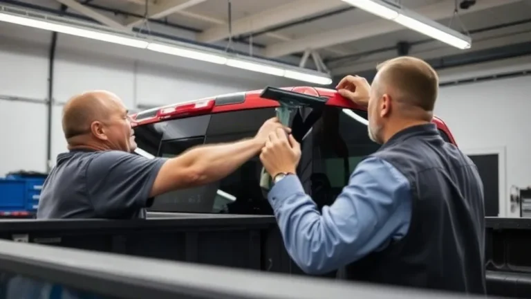 Professional window tint installer applying automotive film to the rear side glass of a full-size pickup truck in an Inland Empire auto tinting shop