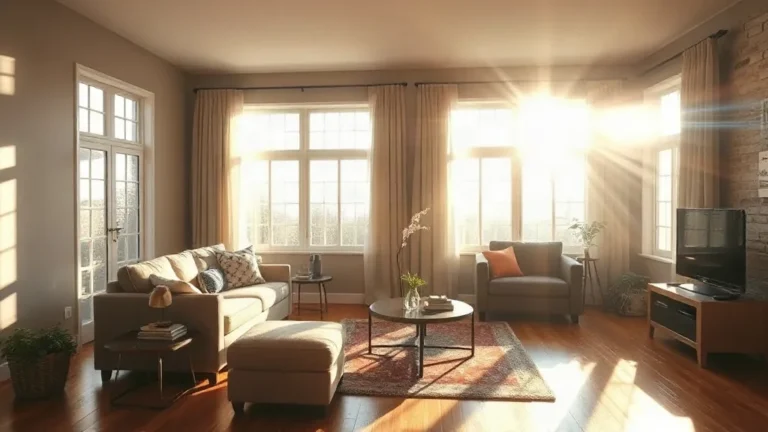 Intense afternoon sunlight streaming through large residential windows, casting glare on hardwood floors and upholstered furniture in an Inland Empire living room