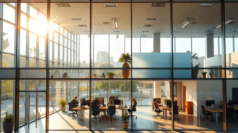 Commercial office building with floor-to-ceiling tinted windows reducing solar heat gain in the Inland Empire, showing professionals working comfortably near large glass panels