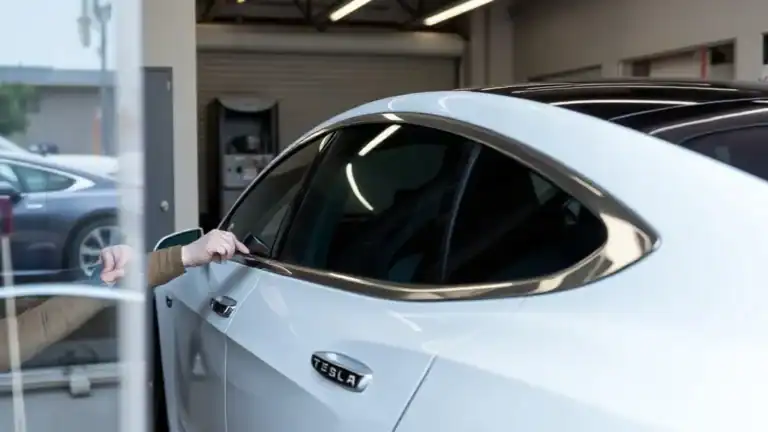 Tesla sedan receiving professional car window tinting at a certified Inland Empire automotive shop, installer applying ceramic film to rear door glass with a squeegee
