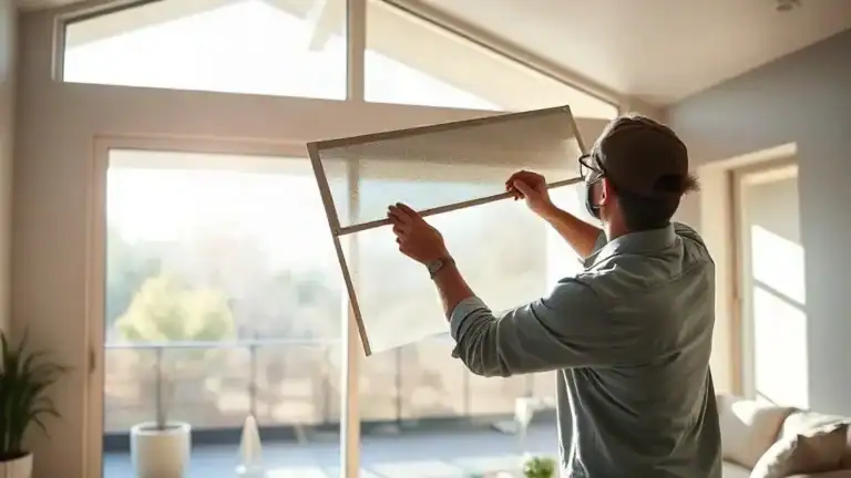 Professional installer applying residential window film to a large living room window in a Rancho Cucamonga home, squeegeeing out air bubbles for a smooth professional flat-glass finish